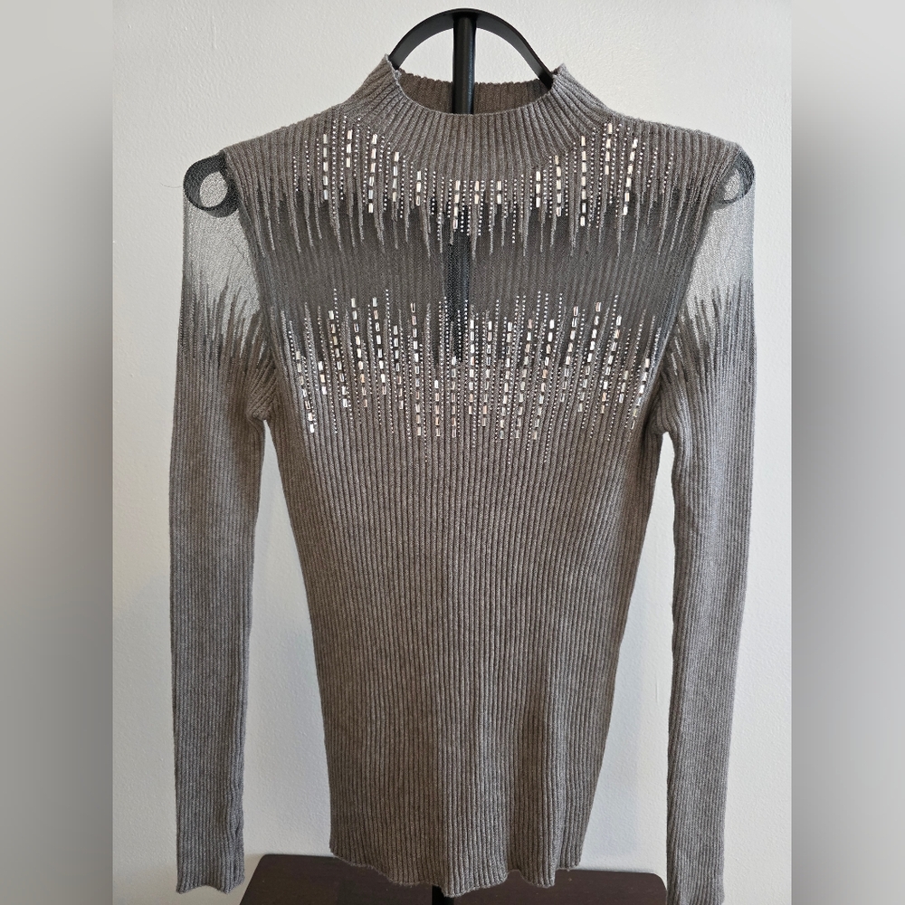 Top Secret Rib-Knit High-Neck Sweater with Sheer Mesh Illusion Yoke